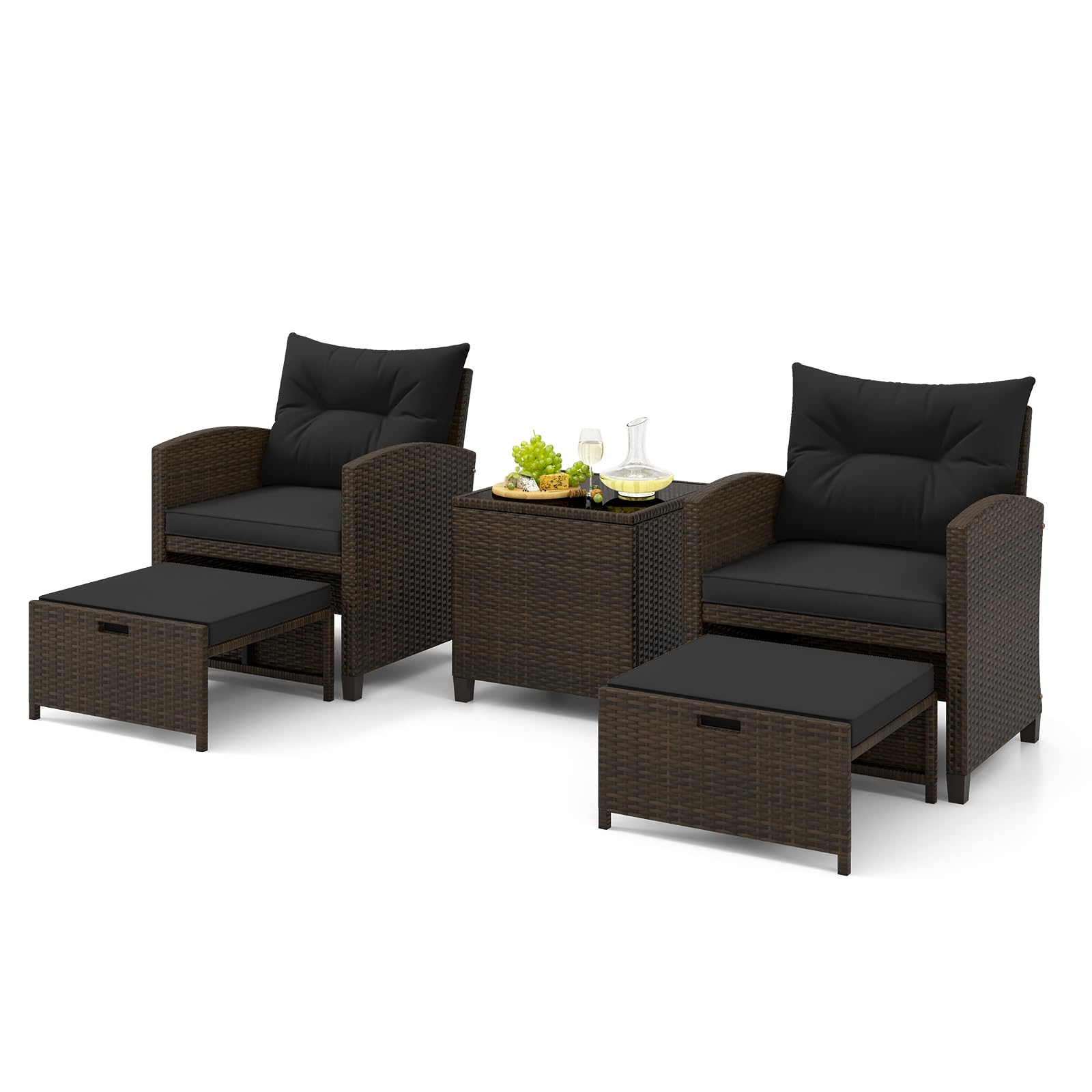 Tangkula Salon de Jardin 5 Pièces en Rotin, Ensemble de Chaises Coussinnées en Osier avec 2 Poufs et une Table Basse en Verre Trempé